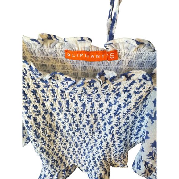 OLIPHANT Smocked Blouse Flora Blue Sz Small Square Neck Coastal Preppy $116 MSRP - Picture 3 of 8